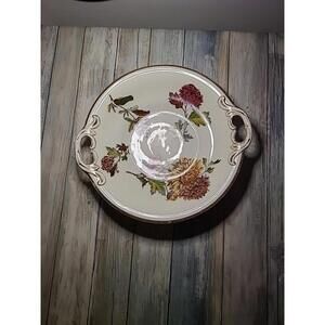 Vtg 12-in Serving Bowl With Chrysanthemums And Gold Rim And Handles